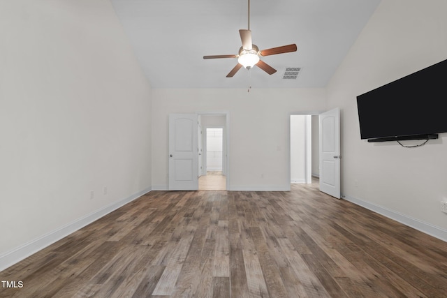 801 Socata Ln, Mebane, NC 27302 - unfurnished living room featuring vaulted ceiling, ceiling fan, and wood finished floors