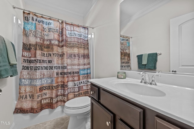801 Socata Ln, Mebane, NC 27302 - bathroom featuring ornamental molding, vanity, tile patterned flooring, and shower / bath combination with curtain