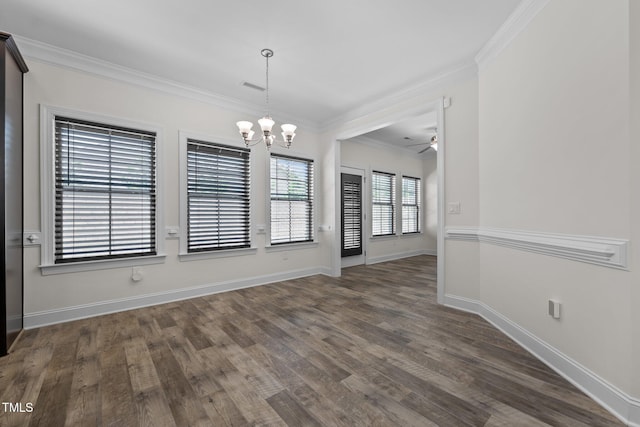 801 Socata Ln, Mebane, NC 27302 - unfurnished dining area featuring a chandelier, ornamental molding, wood finished floors, and ceiling fan