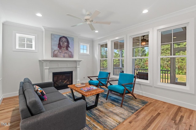 414 Wyndham Dr, Chapel Hill, NC 27516 - living room featuring ornamental molding, wood finished floors, a fireplace, ceiling fan, and recessed lighting