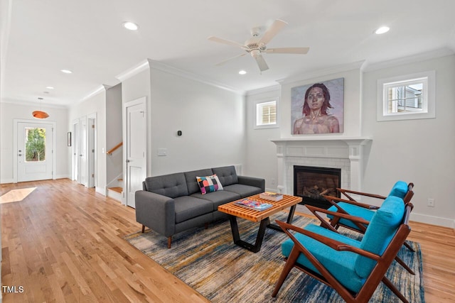414 Wyndham Dr, Chapel Hill, NC 27516 - living room featuring ornamental molding, wood finished floors, a brick fireplace, ceiling fan, and recessed lighting