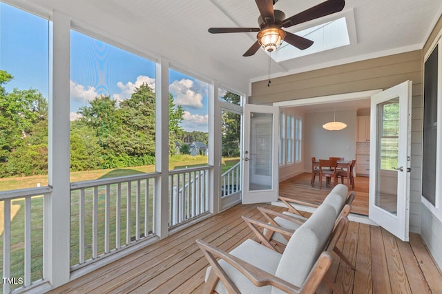 414 Wyndham Dr, Chapel Hill, NC 27516 - sunroom / solarium featuring a ceiling fan, french doors, and a skylight
