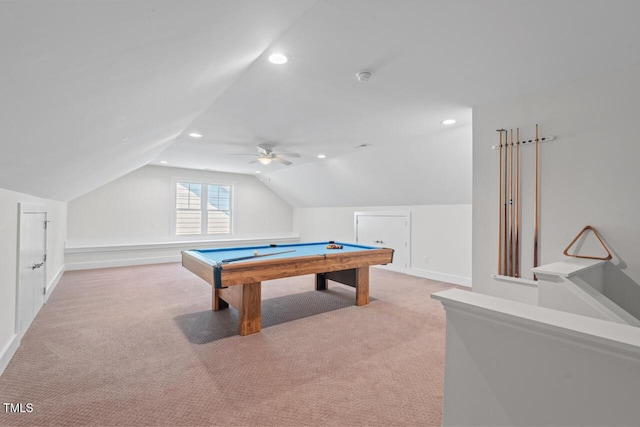 414 Wyndham Dr, Chapel Hill, NC 27516 - rec room featuring carpet floors, pool table, lofted ceiling, recessed lighting, and a ceiling fan