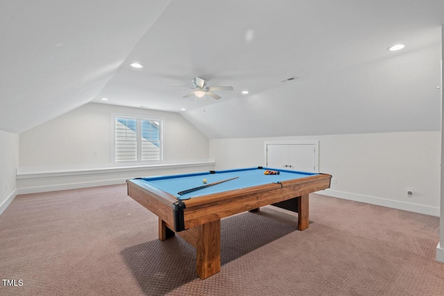 414 Wyndham Dr, Chapel Hill, NC 27516 - rec room with light carpet, lofted ceiling, recessed lighting, a ceiling fan, and pool table