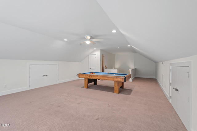 414 Wyndham Dr, Chapel Hill, NC 27516 - game room with vaulted ceiling, light carpet, recessed lighting, billiards table, and a ceiling fan