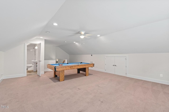 414 Wyndham Dr, Chapel Hill, NC 27516 - rec room featuring light carpet, billiards, vaulted ceiling, recessed lighting, and a ceiling fan