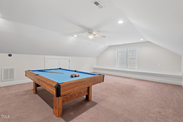 414 Wyndham Dr, Chapel Hill, NC 27516 - game room with light carpet, vaulted ceiling, recessed lighting, a ceiling fan, and pool table