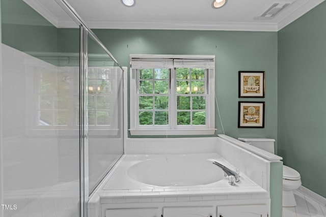 8004 Gabriels Bend Dr, Raleigh, NC 27612 - full bathroom with a garden tub, ornamental molding, and a shower stall