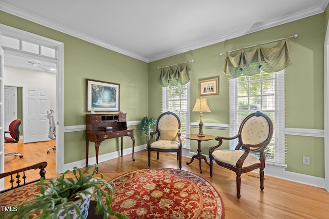 8004 Gabriels Bend Dr, Raleigh, NC 27612 - sitting room with wood finished floors, ornamental molding, an office area, and a ceiling fan