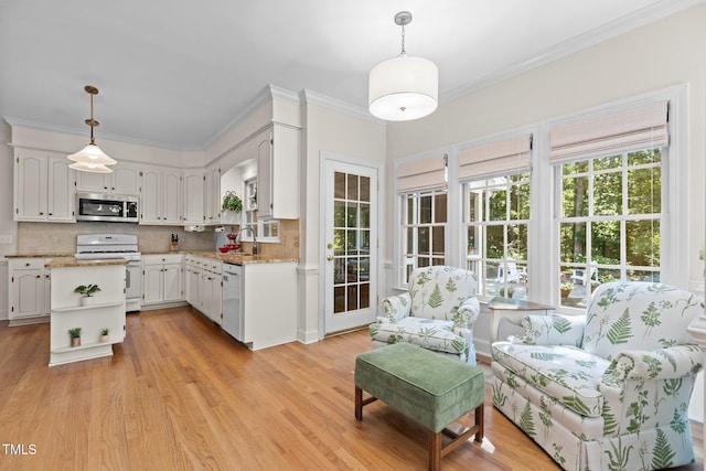 8004 Gabriels Bend Dr, Raleigh, NC 27612 - kitchen featuring white appliances, open shelves, white cabinets, backsplash, and light wood-style floors