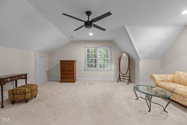 8004 Gabriels Bend Dr, Raleigh, NC 27612 - living area with vaulted ceiling, light colored carpet, a ceiling fan, and recessed lighting