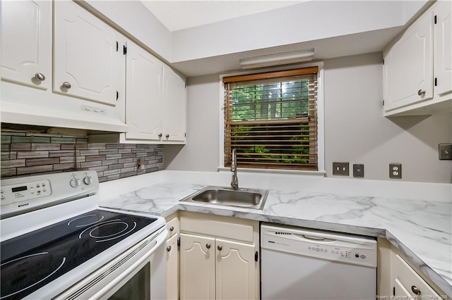 1255 Donaldson Ct, Cary, NC 27511 - kitchen with white appliances, a sink, under cabinet range hood, and white cabinets