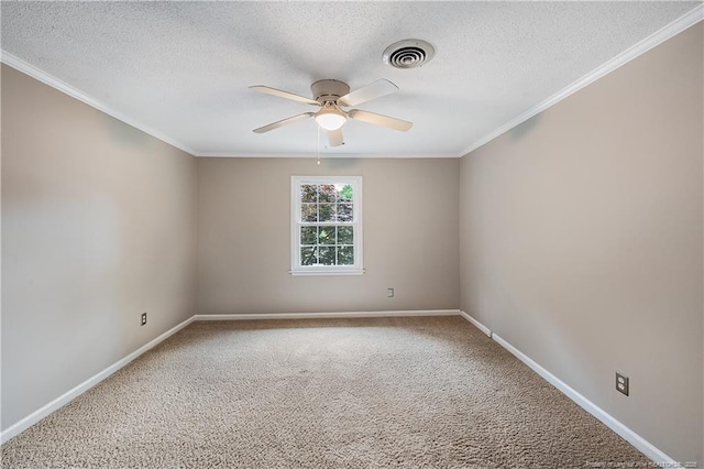 1255 Donaldson Ct, Cary, NC 27511 - empty room with ceiling fan, a textured ceiling, carpet, baseboards, and ornamental molding