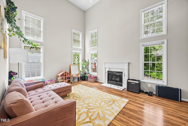 304 Gold Point Dr, Cary, NC 27519 - living area featuring a towering ceiling, wood finished floors, and a fireplace