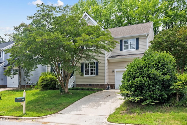 304 Gold Point Dr, Cary, NC 27519 - view of property hidden behind natural elements featuring an attached garage, a front yard, crawl space, a shingled roof, and concrete driveway