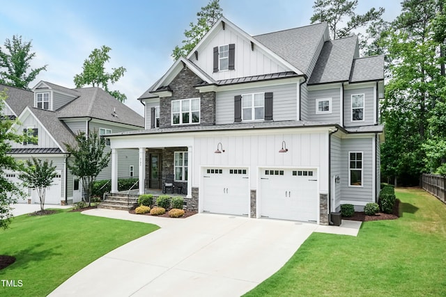 4104 Green Chase Way, Apex, NC 27539 - view of front of property with board and batten siding, a porch, a standing seam roof, and concrete driveway