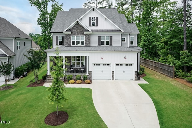 4104 Green Chase Way, Apex, NC 27539 - craftsman-style house featuring board and batten siding, stone siding, driveway, roof with shingles, and covered porch