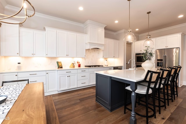 4104 Green Chase Way, Apex, NC 27539 - kitchen with crown molding, light countertops, tasteful backsplash, white cabinets, and dark wood-style floors