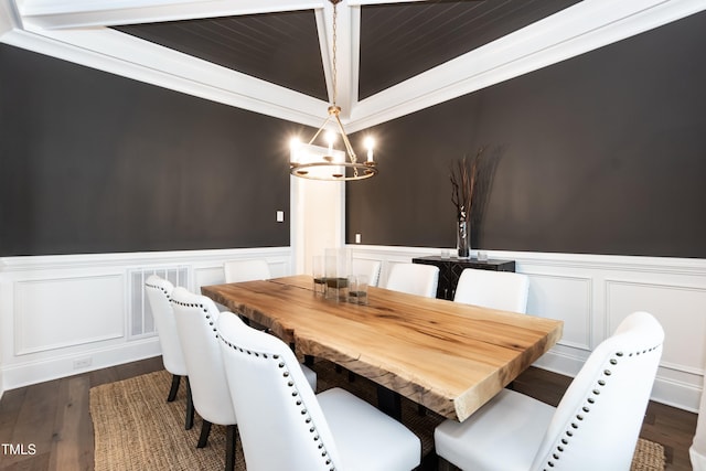 4104 Green Chase Way, Apex, NC 27539 - dining room with a chandelier, wainscoting, dark wood-style flooring, and a decorative wall
