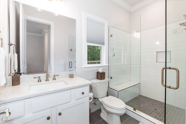 4104 Green Chase Way, Apex, NC 27539 - bathroom featuring crown molding, a shower stall, vanity, and tile patterned flooring