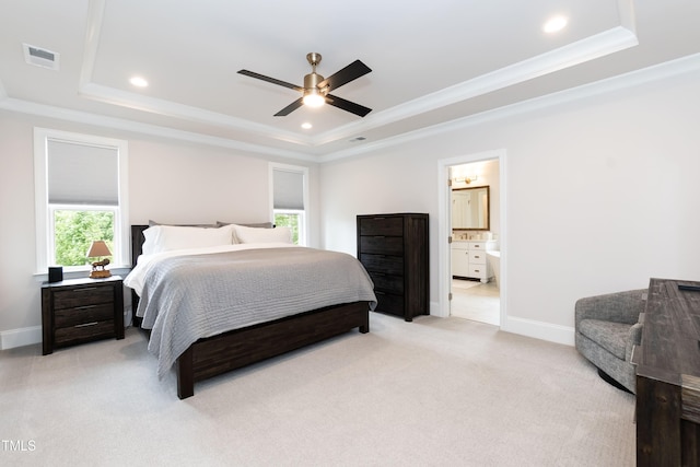 4104 Green Chase Way, Apex, NC 27539 - bedroom featuring a raised ceiling, light colored carpet, ornamental molding, ensuite bathroom, and recessed lighting