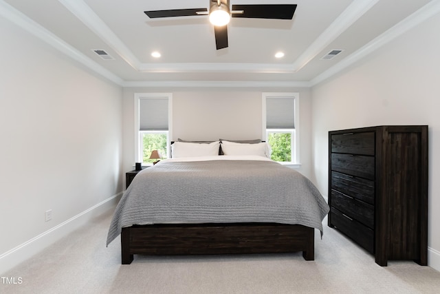 4104 Green Chase Way, Apex, NC 27539 - bedroom with a tray ceiling, light carpet, ornamental molding, a ceiling fan, and recessed lighting