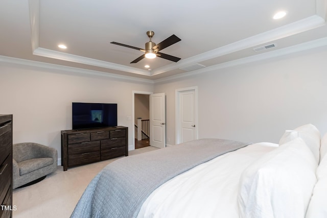 4104 Green Chase Way, Apex, NC 27539 - bedroom with a tray ceiling, light carpet, crown molding, recessed lighting, and ceiling fan