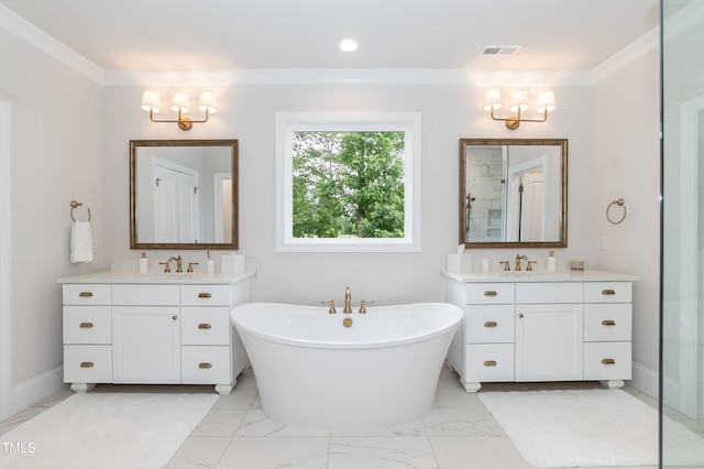 4104 Green Chase Way, Apex, NC 27539 - bathroom with a chandelier, a stall shower, marble finish flooring, two vanities, and crown molding