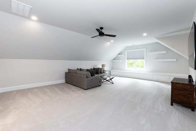 4104 Green Chase Way, Apex, NC 27539 - living area with light carpet, a ceiling fan, vaulted ceiling, and recessed lighting