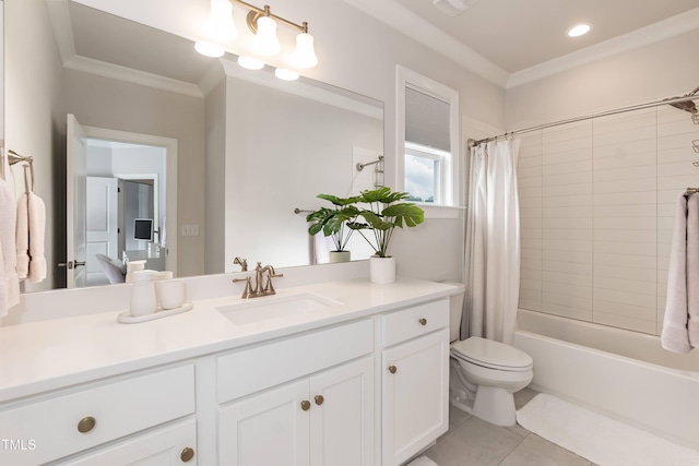 4104 Green Chase Way, Apex, NC 27539 - bathroom with vanity, shower / tub combo, tile patterned floors, and crown molding