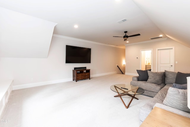 4104 Green Chase Way, Apex, NC 27539 - living room with light colored carpet, crown molding, recessed lighting, lofted ceiling, and a ceiling fan