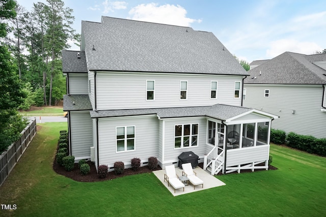 4104 Green Chase Way, Apex, NC 27539 - back of house with a patio area, a sunroom, a lawn, and a shingled roof