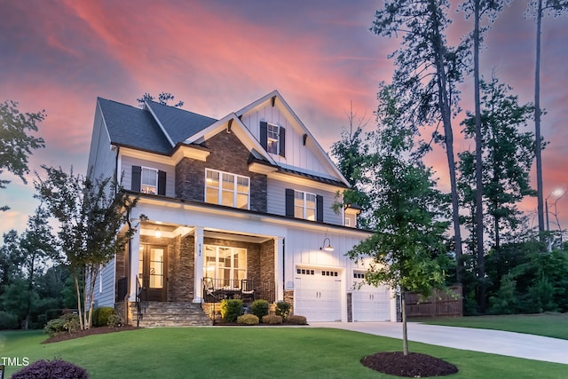 4104 Green Chase Way, Apex, NC 27539 - craftsman inspired home featuring stone siding, board and batten siding, a lawn, a garage, and concrete driveway