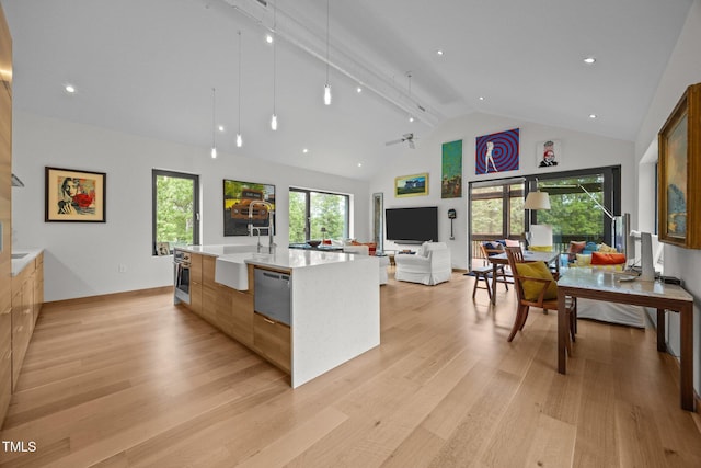 4725 Creeks Junction Rd, Blounts Creek, NC 27814 - kitchen featuring modern cabinets, light wood-style floors, a large island, open floor plan, and high vaulted ceiling