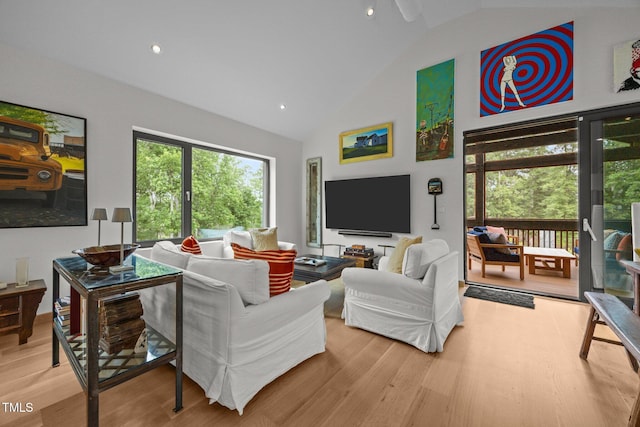 4725 Creeks Junction Rd, Blounts Creek, NC 27814 - living room with light wood-type flooring, high vaulted ceiling, healthy amount of natural light, and recessed lighting