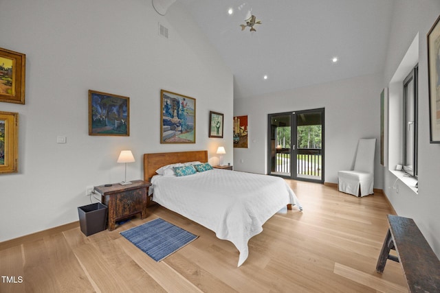 4725 Creeks Junction Rd, Blounts Creek, NC 27814 - bedroom with access to exterior, high vaulted ceiling, wood finished floors, and recessed lighting