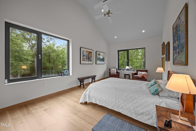4725 Creeks Junction Rd, Blounts Creek, NC 27814 - bedroom featuring high vaulted ceiling, wood finished floors, recessed lighting, and a ceiling fan