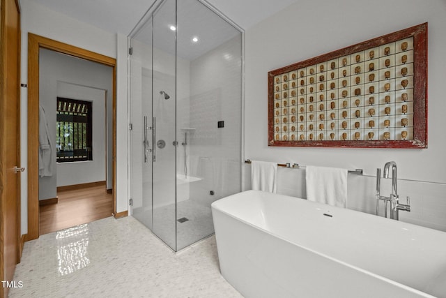 4725 Creeks Junction Rd, Blounts Creek, NC 27814 - full bathroom featuring a shower stall, a freestanding bath, and recessed lighting