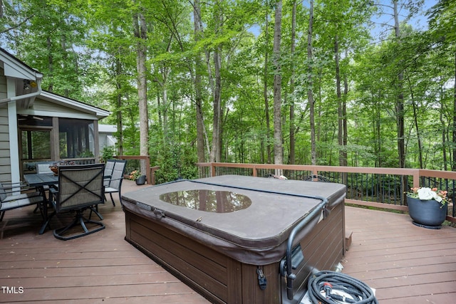 105 Gorge Ct, Cary, NC 27518 - wooden terrace with a hot tub, a sunroom, and outdoor dining area