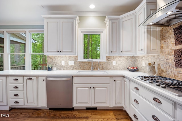 105 Gorge Ct, Cary, NC 27518 - kitchen with appliances with stainless steel finishes, wall chimney range hood, crown molding, white cabinetry, and light countertops