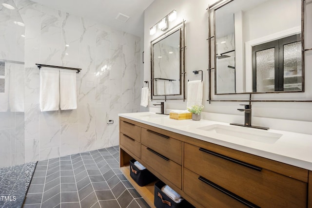 105 Gorge Ct, Cary, NC 27518 - bathroom with double vanity and a marble finish shower