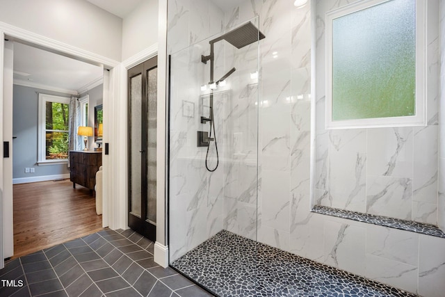 105 Gorge Ct, Cary, NC 27518 - full bath with a marble finish shower and ornamental molding