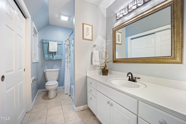 105 Gorge Ct, Cary, NC 27518 - full bath featuring vanity, tile patterned floors, vaulted ceiling, and shower / bathtub combination with curtain
