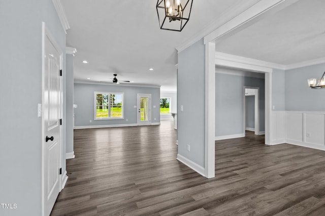 2237 Heartland Rd, Battleboro, NC 27809 - foyer entrance featuring a chandelier, crown molding, recessed lighting, dark wood-style floors, and a ceiling fan