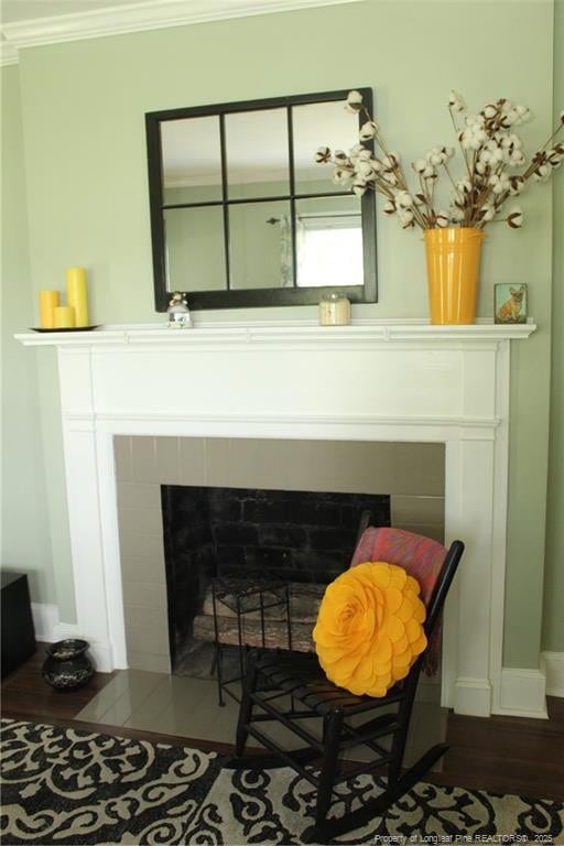 4903 Lemon Springs Rd, Sanford, NC 27332 - detailed view of a fireplace, ornamental molding, baseboards, and wood finished floors