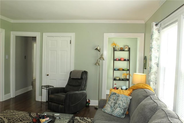 4903 Lemon Springs Rd, Sanford, NC 27332 - living area featuring healthy amount of natural light, dark wood-style flooring, ornamental molding, and baseboards
