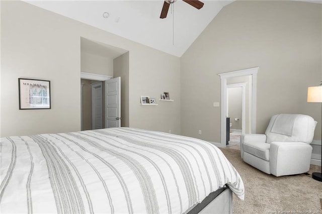 951 Whispering Pines Dr, Spring Lake, NC 28390 - bedroom featuring light carpet, high vaulted ceiling, and ceiling fan