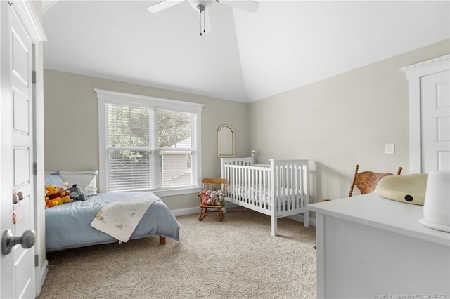 951 Whispering Pines Dr, Spring Lake, NC 28390 - bedroom with light colored carpet, vaulted ceiling, a ceiling fan, and baseboards