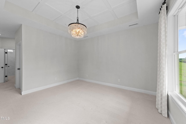 1319 Richfield Oaks Dr, Fuquay Varina, NC 27526 - unfurnished room featuring light colored carpet, coffered ceiling, healthy amount of natural light, and a chandelier