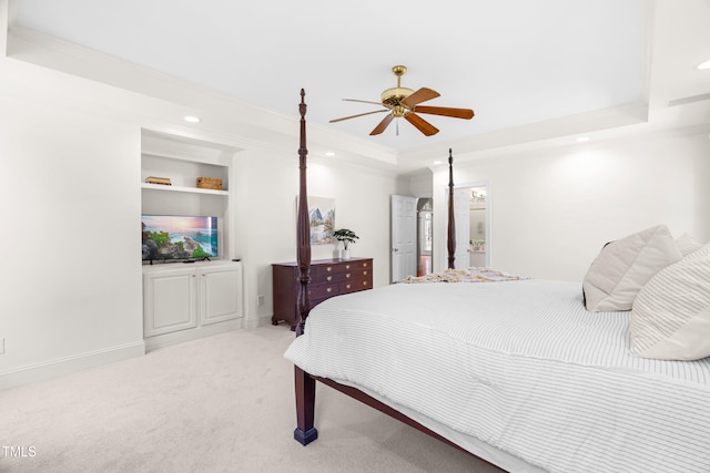 619 Baybush Dr, Raleigh, NC 27615 - bedroom with a raised ceiling, carpet flooring, recessed lighting, crown molding, and ceiling fan